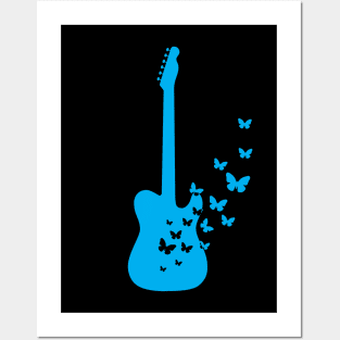 T-Style Electric Guitar Silhouette Turning Into Butterflies Blue Posters and Art